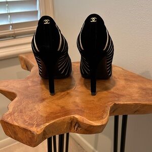 CHANEL Black and White Striped Heels